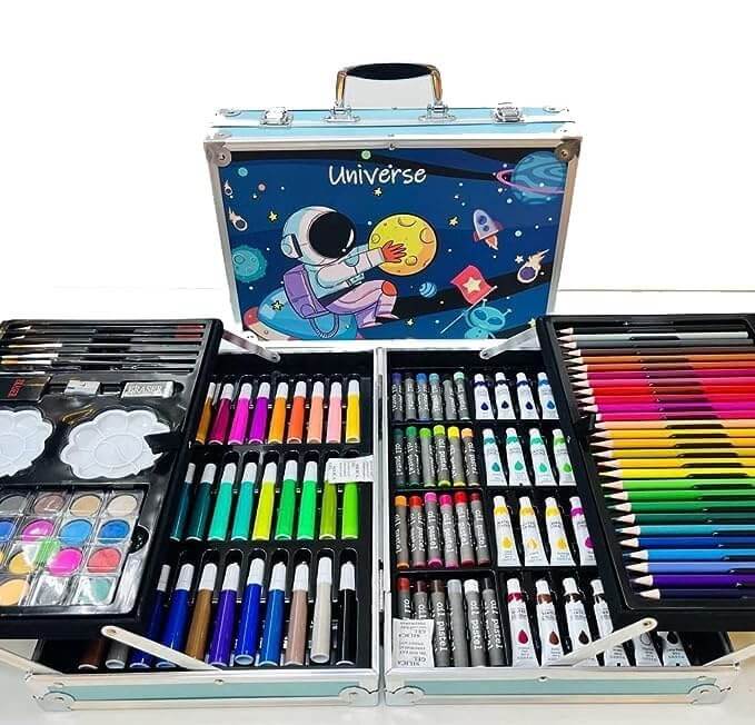 Front view of a portable art case with "Universe" written on it, decorated with space illustrations including an astronaut, moon, and rockets, ideal for children's painting and drawing activities from Usmile Toys.www.usmile.toys