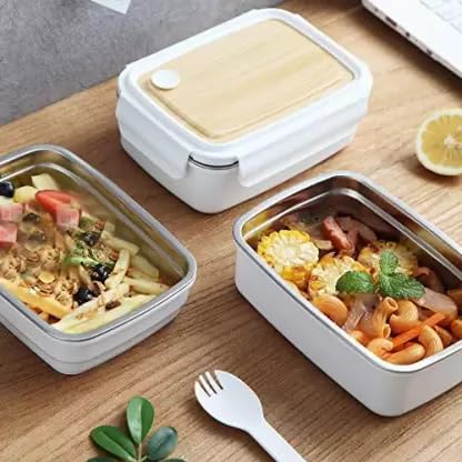 Ss insulated lunch box for children with a wooden-look lid and white exterior, showcasing packed meals. www.usmile.com