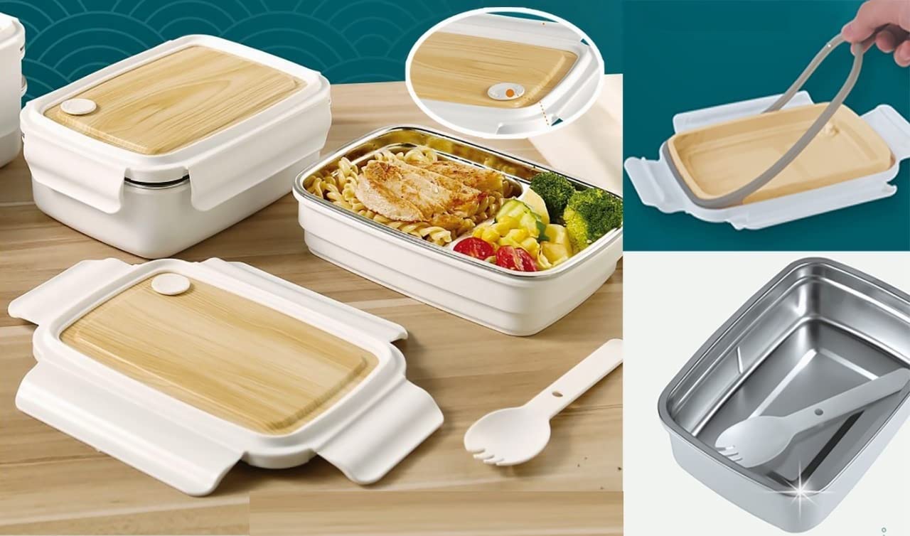 Ss insulated lunch box for children with a wooden-look lid and white exterior, showcasing packed meals. www.usmile.com
