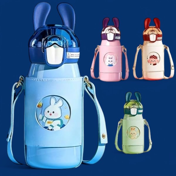 Collection of cute rabbit-eared stainless steel water bottles for kids with straws and carrying straps, in various colors including blue, pink, red, and green, each with a charming bunny design. Ideal for school and travel from uSmile.toys." www.usmile.toys