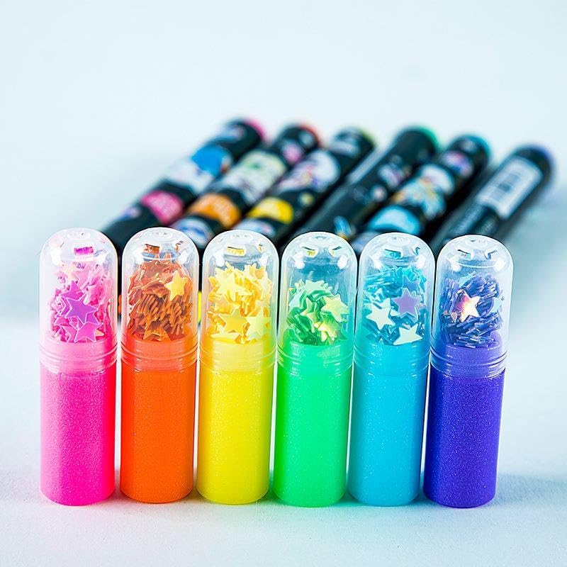 Novelty highlighter set for children featuring a unique star shape and sparkling glitter caps, comes in a pack of six vibrant colours, available in www.usmile.toys
