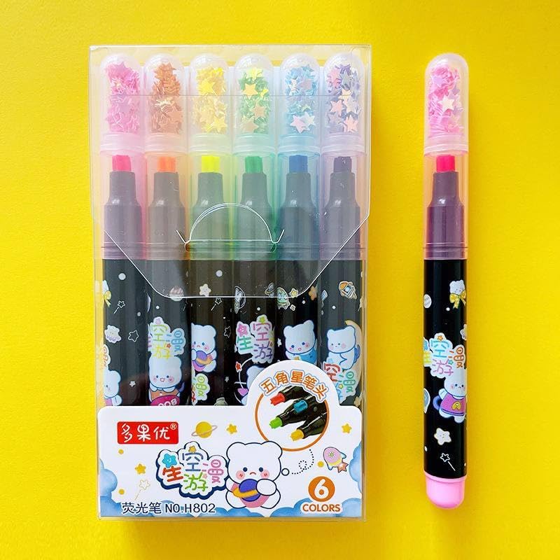 Set of six colourful star-shaped highlighter pens for kids with glitter caps, perfect for making notes and drawing fun in www.usmile.toys
