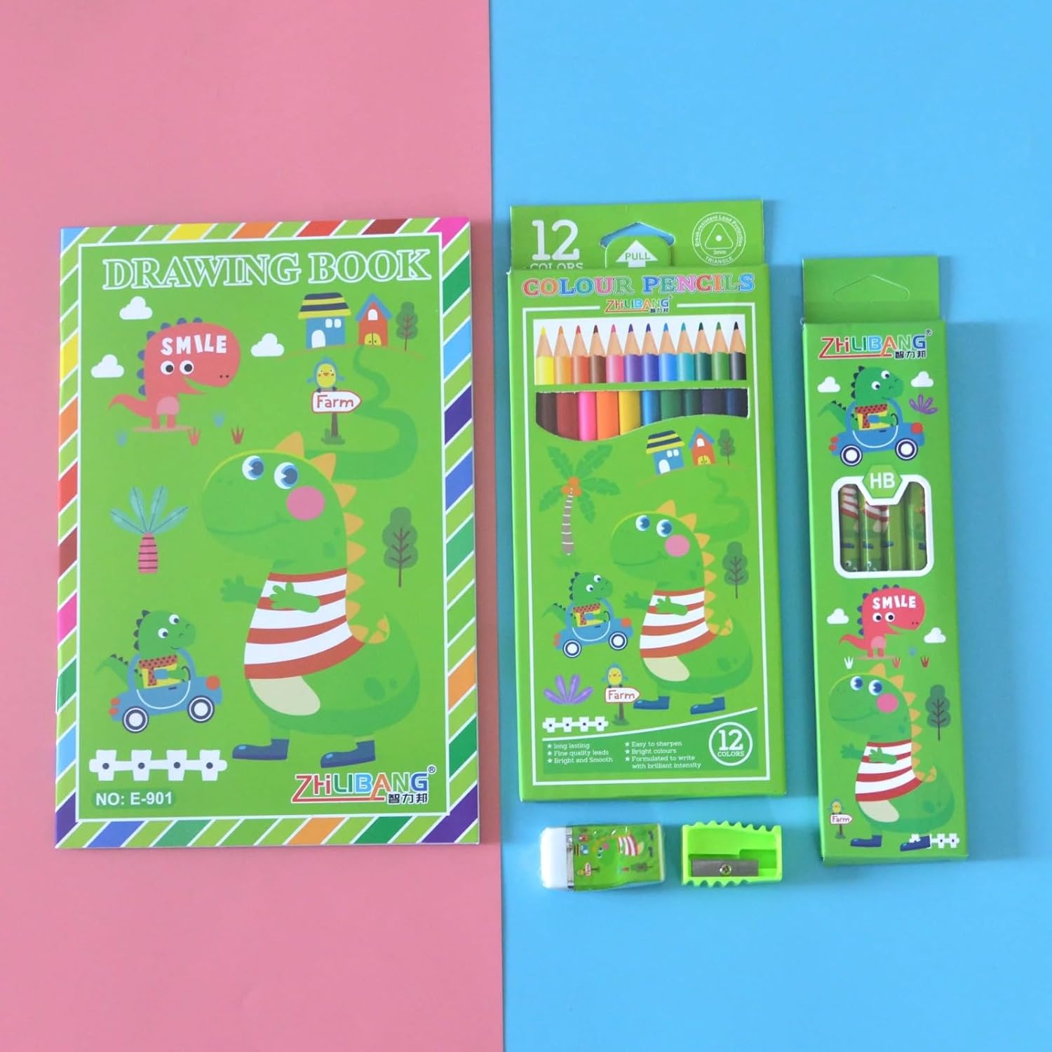 "Kids' art and craft kit with drawing book, paints, crayons, brushes, and sharpener. www.usmile.toys