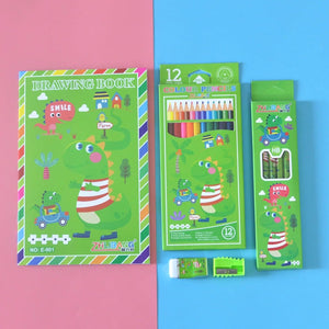 "Kids' art and craft kit with drawing book, paints, crayons, brushes, and sharpener. www.usmile.toys