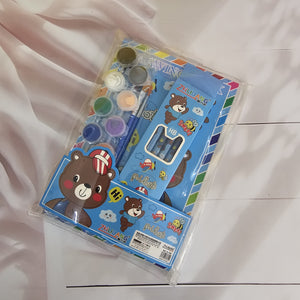 "Kids' art and craft kit with drawing book, paints, crayons, brushes, and sharpener. www.usmile.toys