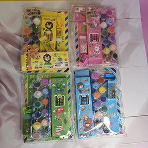 "Kids' art and craft kit with drawing book, paints, crayons, brushes, and sharpener. www.usmile.toys