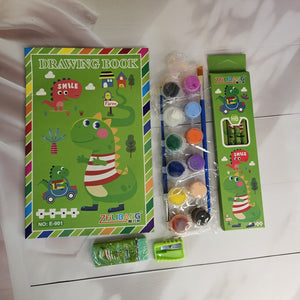 Colorful stationery kit for kids, featuring a dinosaur-themed drawing book and art supplies. www.usmile.toys