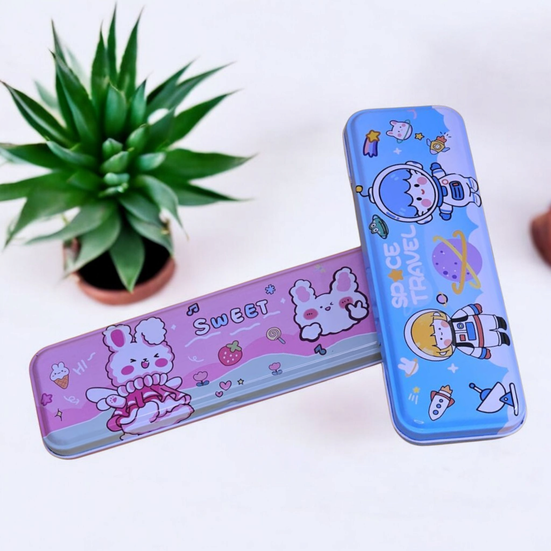 Two metal pencil boxes for kids, one blue with 'Space Travel' astronaut and planet designs, and one pink with 'Sweet' bunny and candy illustrations. Ideal as return birthday gifts for boys and girls from uSmile.toys." www.usmile.toys