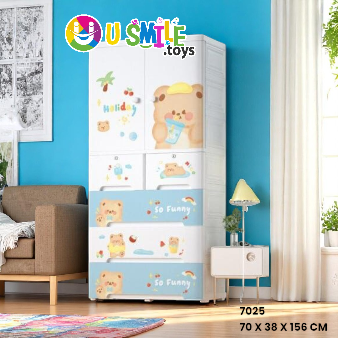 White and blue plastic wardrobe for kids (70x38x156 CM) from U Smile Toys, featuring cute cartoon bear designs on doors and drawers. www.usmile.toys
