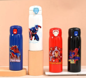 Superhero themed stainless steel cartoon water bottle for kids with a flip top, featuring Spider-Man, Captain America, and Iron Man, available in www.usmile.toys