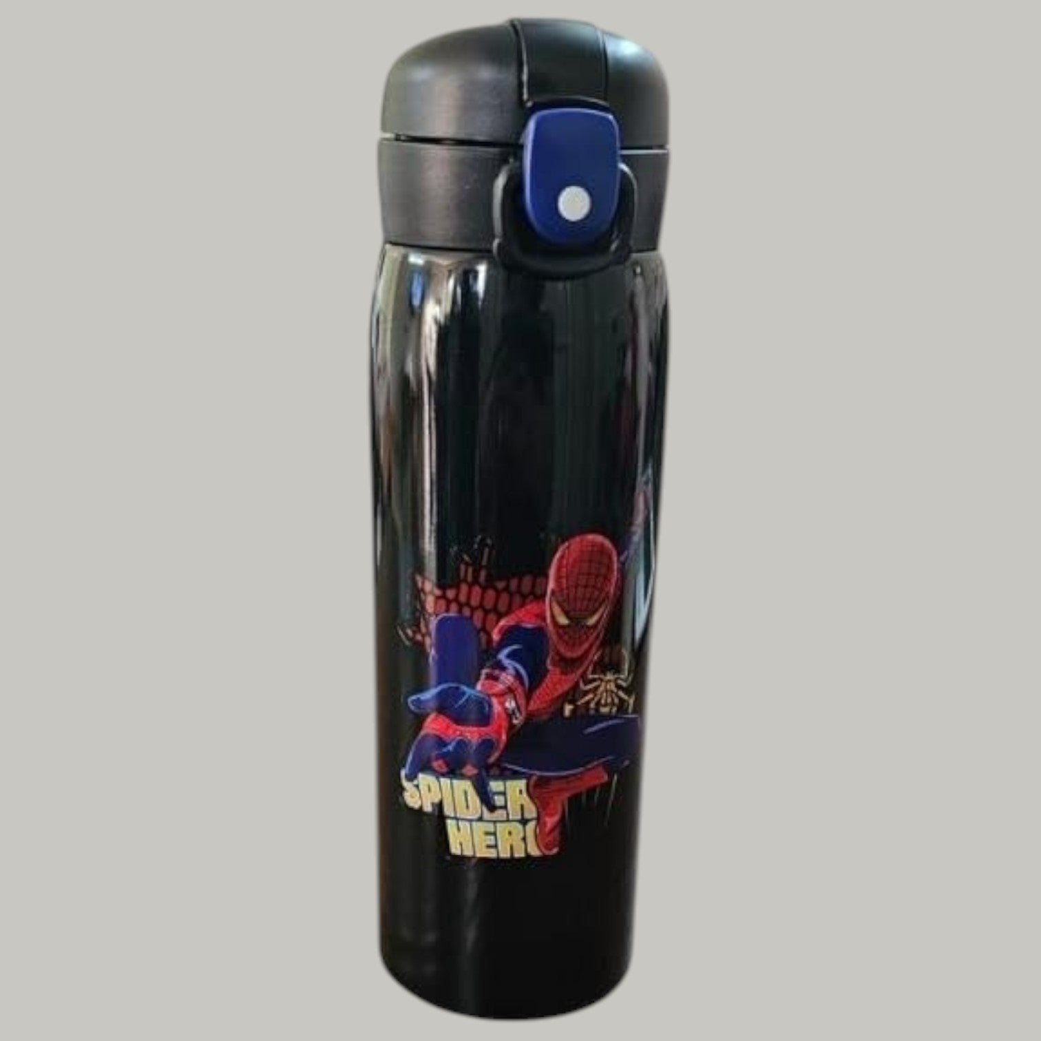 Superhero themed stainless steel cartoon water bottle for kids with a flip top, featuring Spider-Man, Captain America, and Iron Man, available in www.usmile.toys