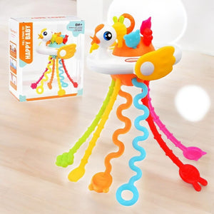Colorful swan rattle teether sensory toy for babies by Usmile Toys, featuring multiple pull strings and textured elements for engagement." www.usmile.toys