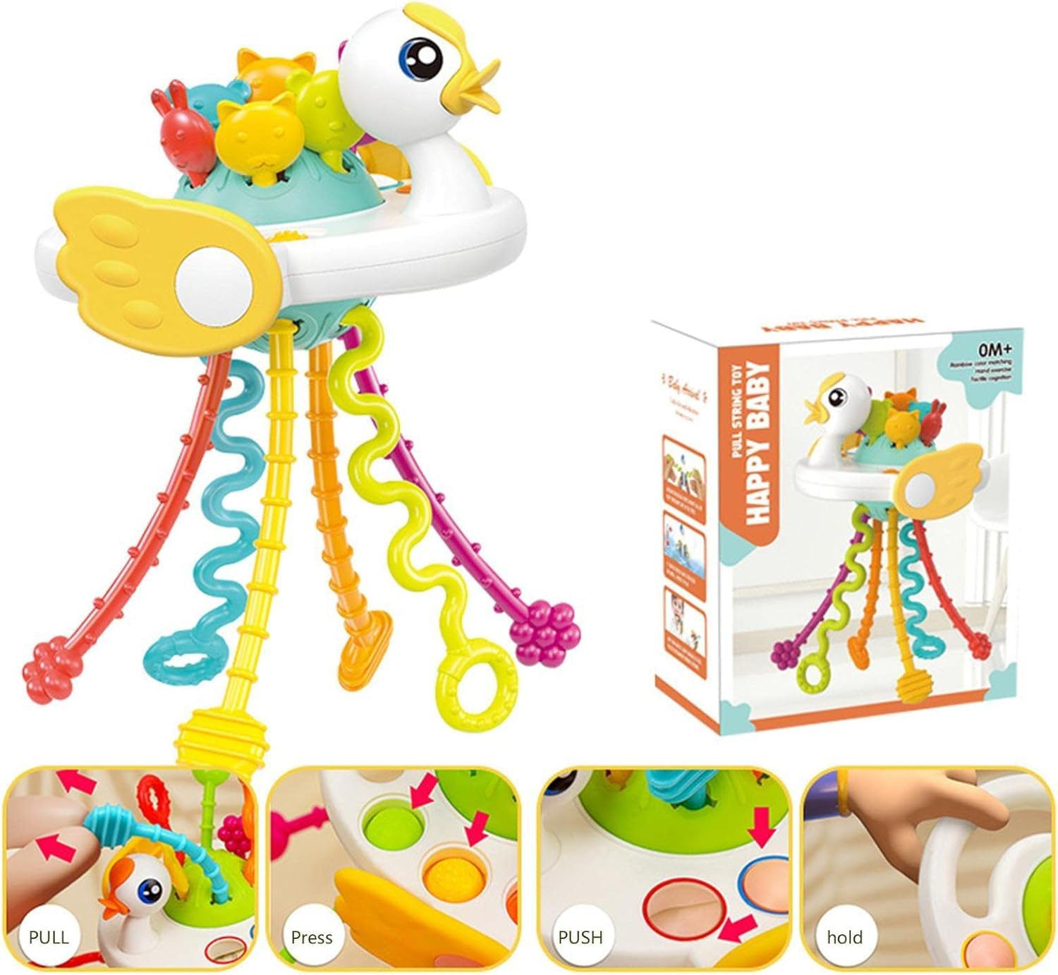 "Usmile Toys 'Happy Baby' swan pull string toy, designed as a rattle and teether with vibrant colors, stimulating infant sensory development."
