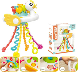 "Usmile Toys 'Happy Baby' swan pull string toy, designed as a rattle and teether with vibrant colors, stimulating infant sensory development."