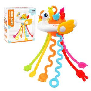 "Usmile Toys 'Happy Baby' swan pull string toy, designed as a rattle and teether with vibrant colors, stimulating infant sensory development." www.usmile.toys