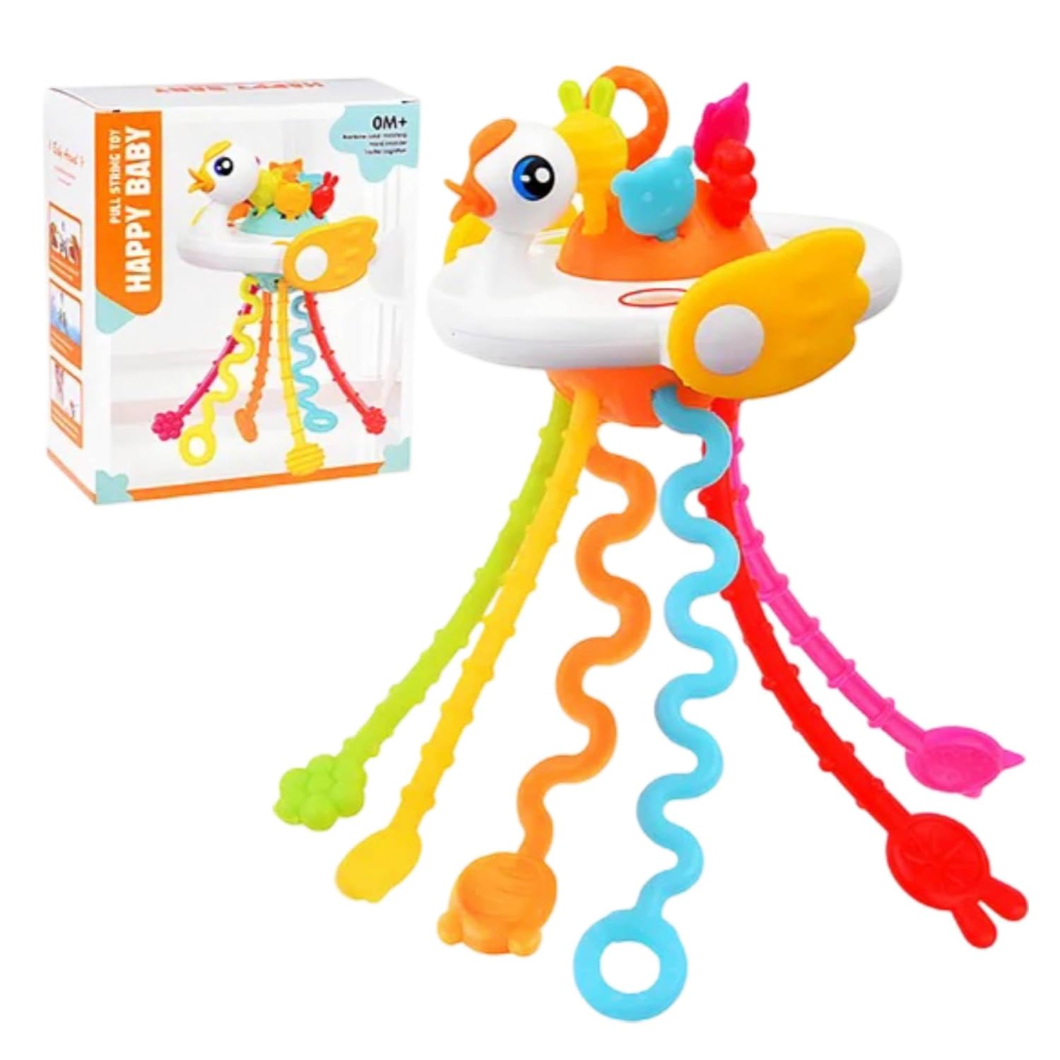 "Usmile Toys 'Happy Baby' swan pull string toy, designed as a rattle and teether with vibrant colors, stimulating infant sensory development." www.usmile.toys