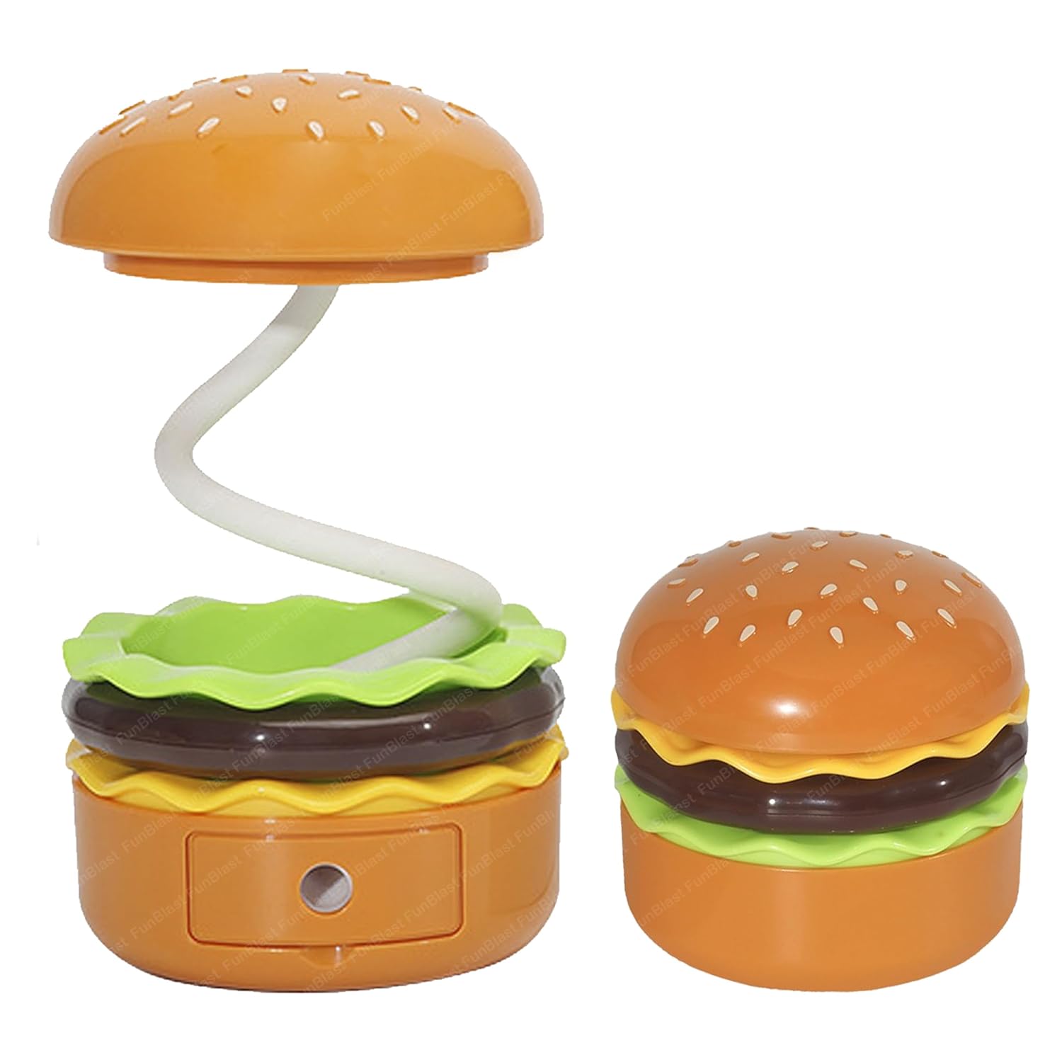 Fun orange and green burger-shaped rechargeable table lamp with a flexible white neck, providing desk light. Surrounded by other playful figurines, ideal for kids' rooms or adult desks. From uSmile.toys." www.usmile.toys