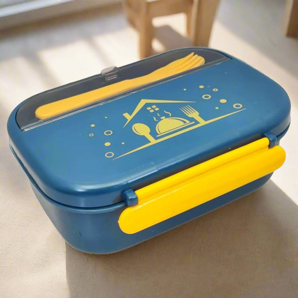 Rectangular blue and yellow insulated stainless steel kids lunch box with house and cutlery design, including fork. www.usmile.toys