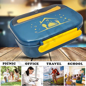 Rectangular blue and yellow insulated stainless steel kids lunch box with house and cutlery design, including fork. www.usmile.toys
