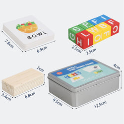 Montessori-inspired wooden spelling game set for kids with precise measurements – includes illustrated word flashcards (7.8cm x 6.9cm), colorful rotating alphabet blocks (2.5cm each), wooden card holder (6.8cm x 3.4cm x 2cm), and a durable metal storage box (12.5cm x 9.5cm x 4cm). A fun and engaging early learning toy for preschoolers to improve spelling, letter recognition, and word formation. Perfect educational gift for children ages 3 and up – available at U Smile Toys India