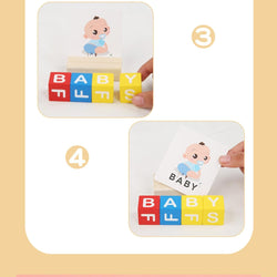 Montessori-inspired wooden spelling game set for kids with precise measurements – includes illustrated word flashcards (7.8cm x 6.9cm), colorful rotating alphabet blocks (2.5cm each), wooden card holder (6.8cm x 3.4cm x 2cm), and a durable metal storage box (12.5cm x 9.5cm x 4cm). A fun and engaging early learning toy for preschoolers to improve spelling, letter recognition, and word formation. Perfect educational gift for children ages 3 and up – available at U Smile Toys India