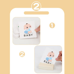 Montessori-inspired wooden spelling game set for kids with precise measurements – includes illustrated word flashcards (7.8cm x 6.9cm), colorful rotating alphabet blocks (2.5cm each), wooden card holder (6.8cm x 3.4cm x 2cm), and a durable metal storage box (12.5cm x 9.5cm x 4cm). A fun and engaging early learning toy for preschoolers to improve spelling, letter recognition, and word formation. Perfect educational gift for children ages 3 and up – available at U Smile Toys India