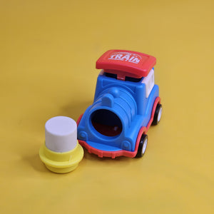 Multicolour pencil sharpener and eraser set designed like adorable train engines, making homework and drawing more enjoyable for kids www.usmile.toys