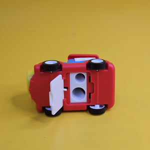 Multicolour pencil sharpener and eraser set designed like adorable train engines, making homework and drawing more enjoyable for kids www.usmile.toys
