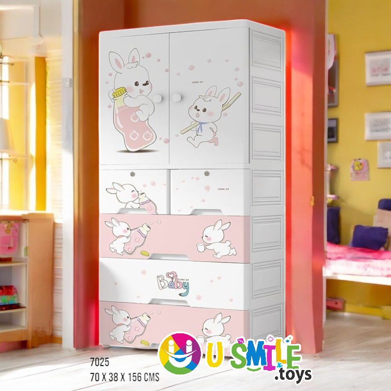 White and pink plastic wardrobe for kids (70x38x156 CM) from U Smile Toys, featuring cute rabbit cartoon designs on doors and drawers. www.usmile.toys