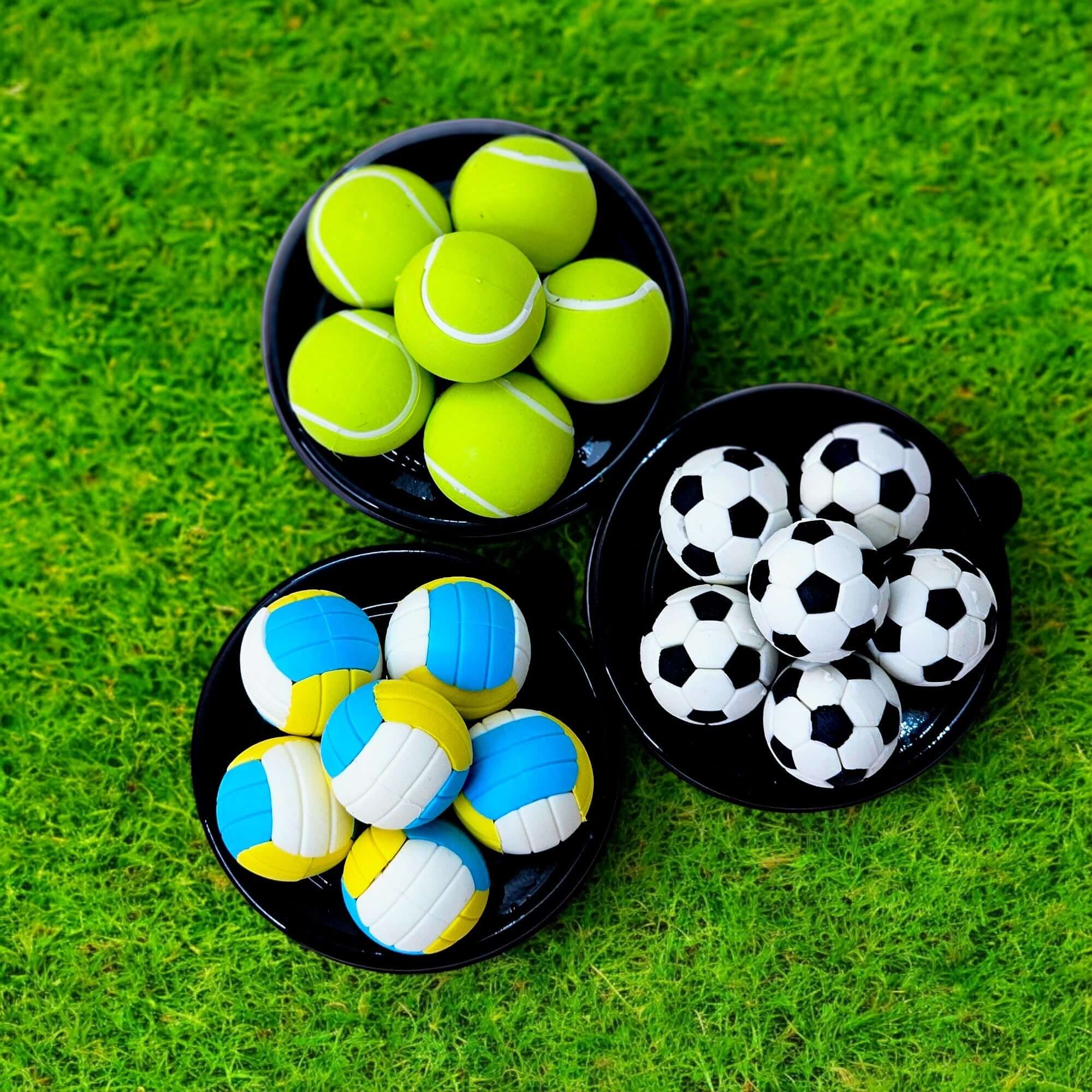 U Smile Kids Eraser Set of 6, featuring fun 3 CM sports balls: tennis, soccer, and volleyball designs. www.usmile.toys