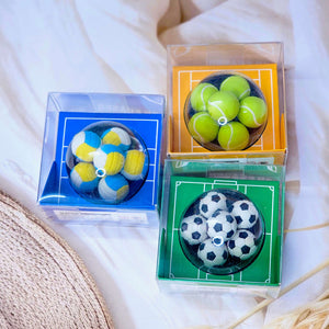 U Smile Kids Eraser Set of 6, featuring fun 3 CM sports balls: tennis, soccer, and volleyball designs. www.usmile.toys