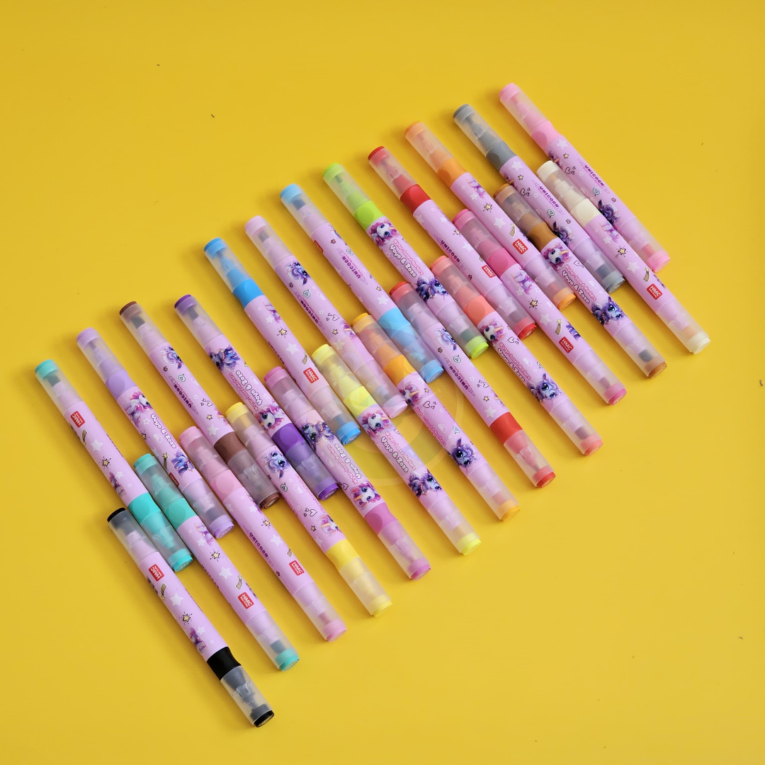 "24-piece Unicorn Color Marker Set by Yoyo & Zozo, displayed in a clear plastic case with pink accents. www.usmile.toys