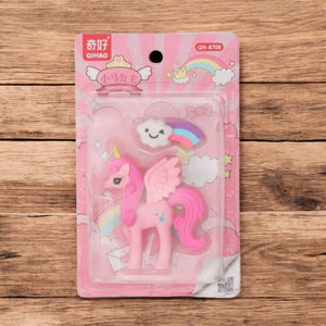 Set of three cute unicorn shaped erasers for kids in random colours, fun and practical for school and drawing in www.usmile.toys