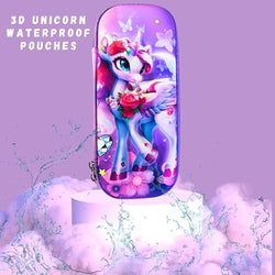 ""Waterproof unicorn pouch with 3D emboss design, featuring a unicorn illustration and durability features. www.usmile.toys