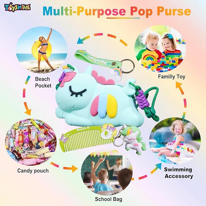 Adorable light blue unicorn silicone purse with a long strap, perfect as a stylish cross body bag for girls. Includes matching unicorn comb, keychain, and mirror. Find it at uSmile.toys." www.usmile.toys