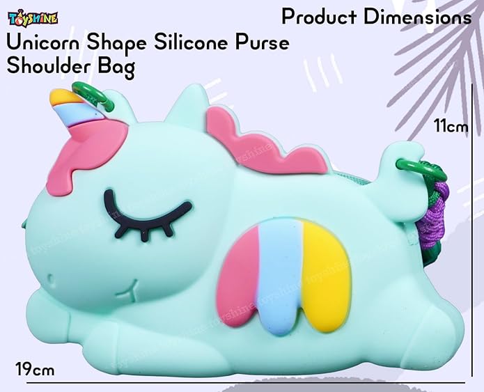 Adorable light blue unicorn silicone purse with a long strap, perfect as a stylish cross body bag for girls. Includes matching unicorn comb, keychain, and mirror. Find it at uSmile.toys."