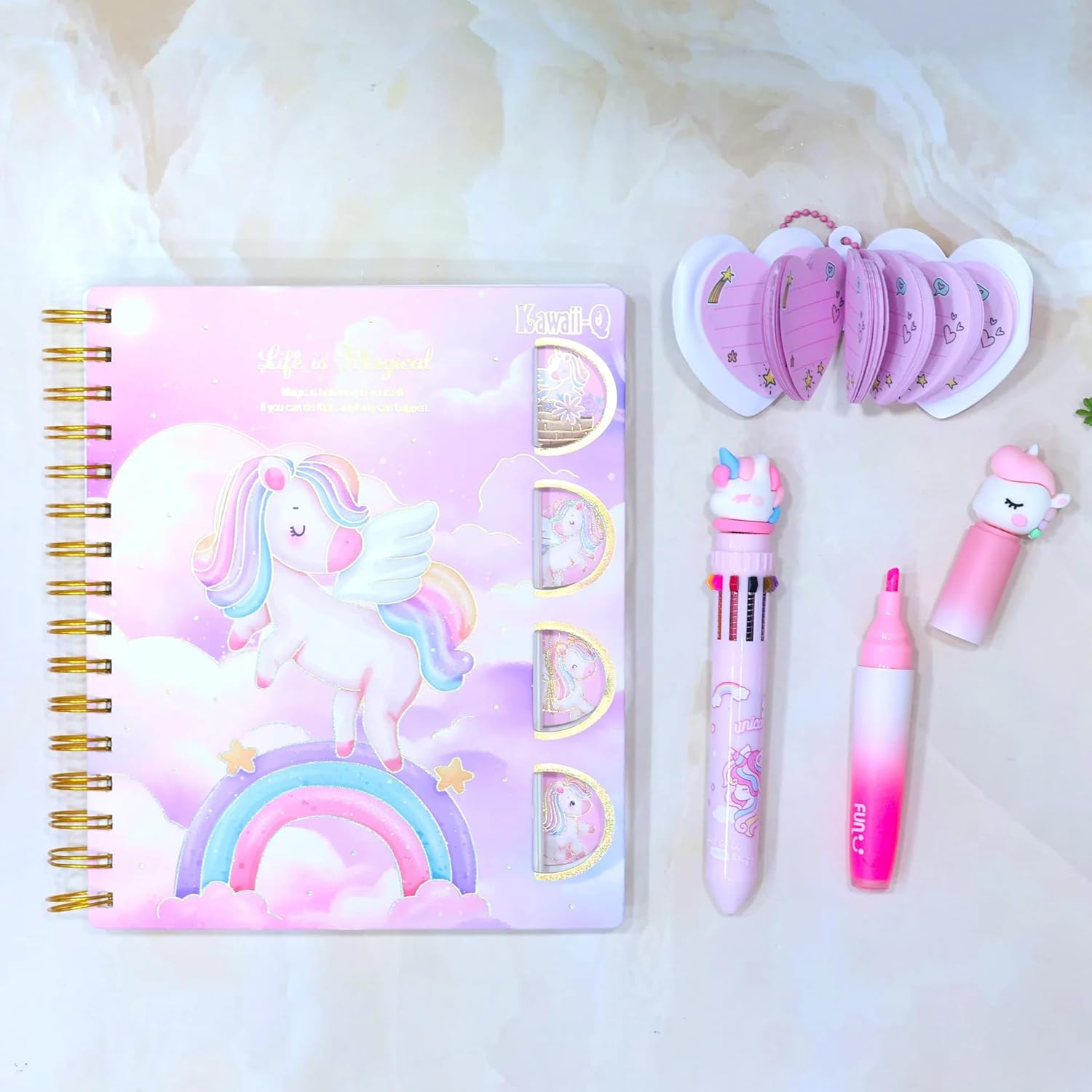 Cute unicorn theme A5 size diary for girls, a premium journal with a sparkly cover and a matching unicorn highlighter pen, perfect for writing.
www.usmile.toys