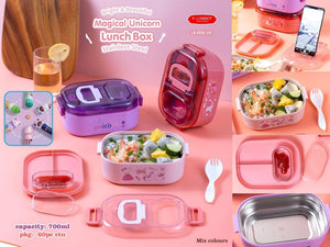 Premium quality stainless steel lunch boxes with colorful airtight lids featuring white, black, and yellow clasps, perfect for kids and adults, displayed neatly alongside healthy meals including rice, fried snacks, fresh fruits, and soup. These stylish and durable lunch containers are ideal for school, office, and travel use. Available at www.usmile.toys, your trusted online store for toys, kids stationery, return gifts, baby products, and essentials. Enhance your lunchtime experience with our leakproof, mu
