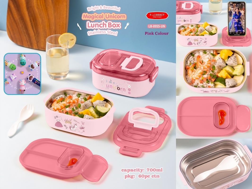 Premium quality stainless steel lunch boxes with colorful airtight lids featuring white, black, and yellow clasps, perfect for kids and adults, displayed neatly alongside healthy meals including rice, fried snacks, fresh fruits, and soup. These stylish and durable lunch containers are ideal for school, office, and travel use. Available at www.usmile.toys, your trusted online store for toys, kids stationery, return gifts, baby products, and essentials. Enhance your lunchtime experience with our leakproof, mu
