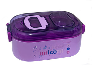 Premium quality stainless steel lunch boxes with colorful airtight lids featuring white, black, and yellow clasps, perfect for kids and adults, displayed neatly alongside healthy meals including rice, fried snacks, fresh fruits, and soup. These stylish and durable lunch containers are ideal for school, office, and travel use. Available at www.usmile.toys, your trusted online store for toys, kids stationery, return gifts, baby products, and essentials. Enhance your lunchtime experience with our leakproof, mu