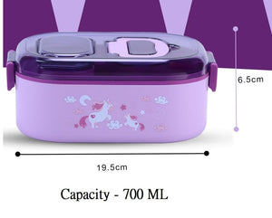 Premium quality stainless steel lunch boxes with colorful airtight lids featuring white, black, and yellow clasps, perfect for kids and adults, displayed neatly alongside healthy meals including rice, fried snacks, fresh fruits, and soup. These stylish and durable lunch containers are ideal for school, office, and travel use. Available at www.usmile.toys, your trusted online store for toys, kids stationery, return gifts, baby products, and essentials. Enhance your lunchtime experience with our leakproof,