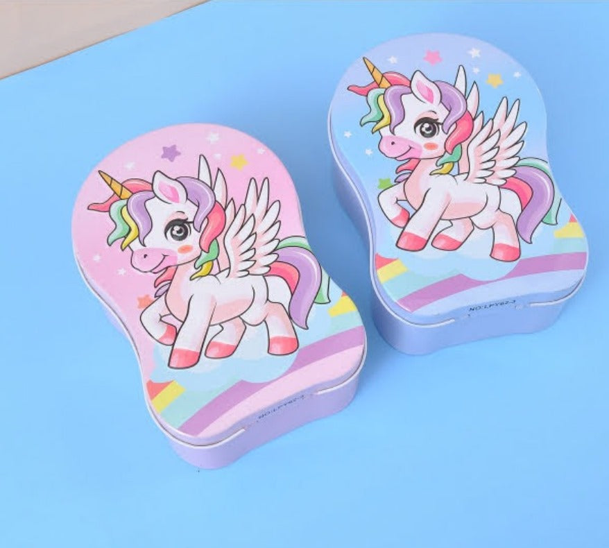 Durable metal pencil box for children with a colourful unicorn design, including a lock and key to keep their stationery safe, perfect for kids in www.usmile.toys