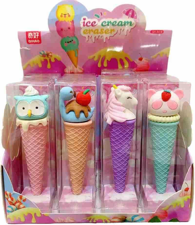 Colorful ice cream shaped erasers featuring an owl, swan, unicorn, and bear designs, perfect for kids' stationery and school supplies from Usmile Toys. www.usmile.toys