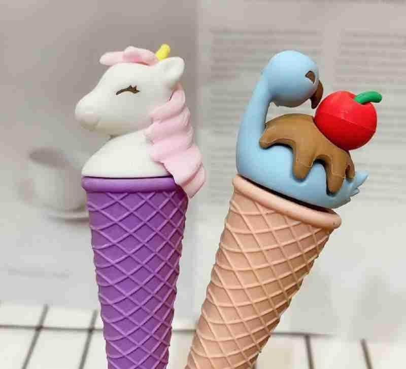 Colorful ice cream shaped erasers featuring an owl, swan, unicorn, and bear designs, perfect for kids' stationery and school supplies from Usmile Toys. www.usmile.toys