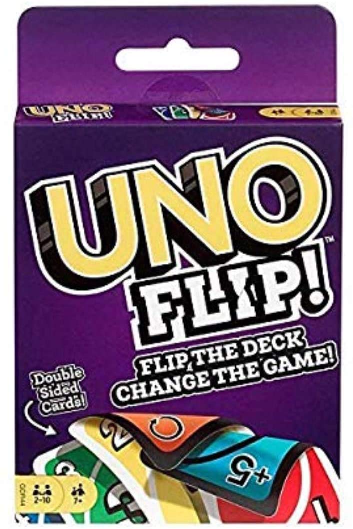 "Purple packaging for UNO Flip card game, featuring the 'Flip the Deck! Change the Game!' tagline and indicating double-sided cards." www.usmile.toys