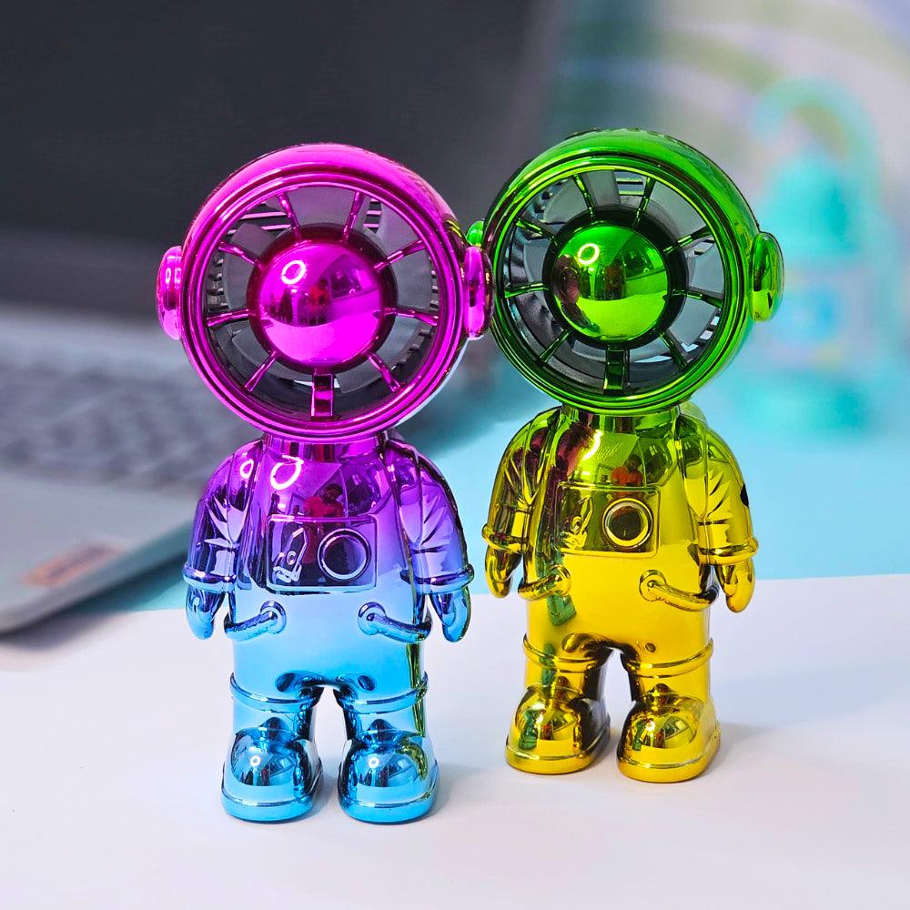 Usmile Astronaut Galaxy Robot Fans in assorted colors: one metallic pink and blue gradient, one metallic green and gold. www.usmile.toys