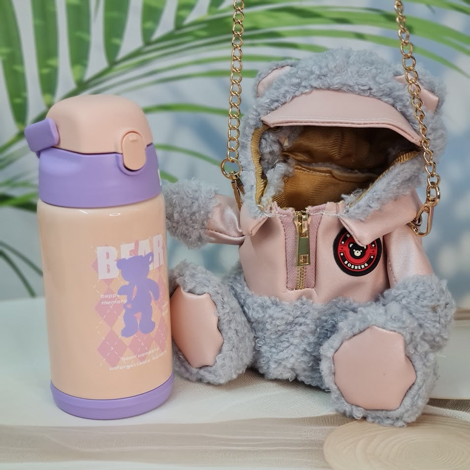  "Pair of Usmile Toys SS Insulated Vacuum Water Bottles, featuring adorable teddy bear carry covers: one light grey with a pink hooded outfit, and one brown with a black faux leather jacket." www.usmile.toys