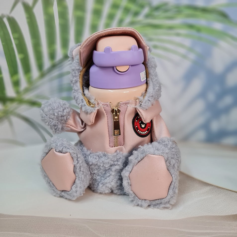 "Usmile Toys cute water bottles for kids, designed with soft teddy bear-themed insulated covers, perfect for keeping drinks hot or cold on the go."