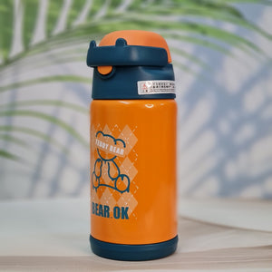 Close-up of two Usmile Toys SS vacuum water bottles, each nestled inside a unique teddy bear-like protective sleeve, showing the pink and purple bottle tops." www.usmile.toys