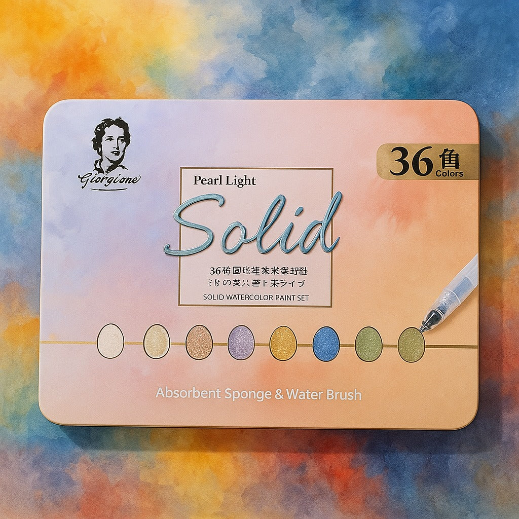 "Usmile Toys Giorgione 36-color solid watercolor paint set in a rectangular tin, featuring 'Pearl Light' colors and including an absorbent sponge and water brush." www.usmile.toys